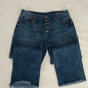 Kancan High Rise Jeans Womens Size 15/31 Blue Button Fly Frayed Hem Straight Leg